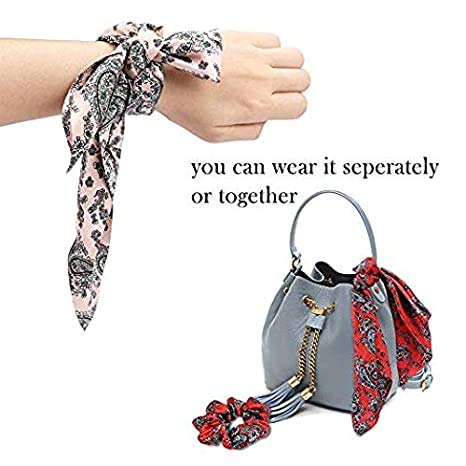 Hair Scarf Ties Ponytail with 6PCS Scarf-Scrunchies, Paisley Flower Printing, Chiffon Material, for Women Girls, Hair Accessories - color: MO10A