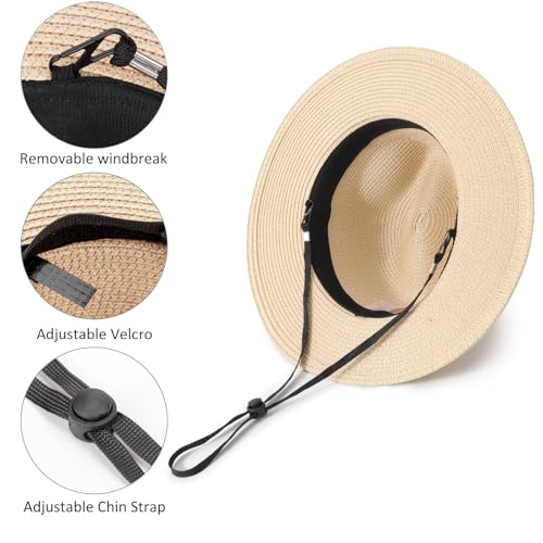 DRESHOW Women Straw Panama Hat Travel Fedora Beach Sun Hat Summer Wide Brim Straw Roll up Hats UPF 50+ - color: Fedora a Beige