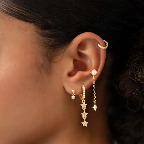 Pearl Earrings for Women, Gold Plated Huggie Hoop Drop Earrings | Hypoallergenic pearl hoop earrings designed for multiple piercings, cartilage styling and everyday wear - style: 4 pearl drop chain earring set-gd