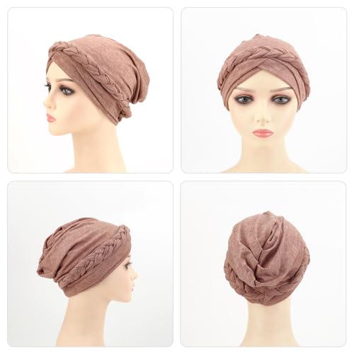 DRESHOW Turban Pre-Tied Twisted Hat Thread African Head Wraps for Black Women Chemo Cancer Cap Braid Hair Cover - color: 1 Pack Twisted Braid: Light Coffee