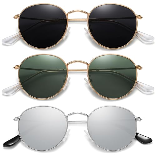 MEETSUN Round Polarized Sunglasses for Women Men Classic Retro Metal Frame Sun Glasses UV Protection - color: (3 Pack) Gold/Grey + Gold/Dark Green + Silver