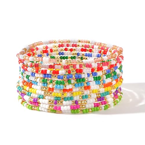 Colorful Stackable Seed Beaded Bracelets Set For Women, Boho Handmade Trendy Cute Stretch Accessories ball Glass Versatile Candy Jewelry, Summer Beach Daily Party Holiday Friendship Gift - color: Candy