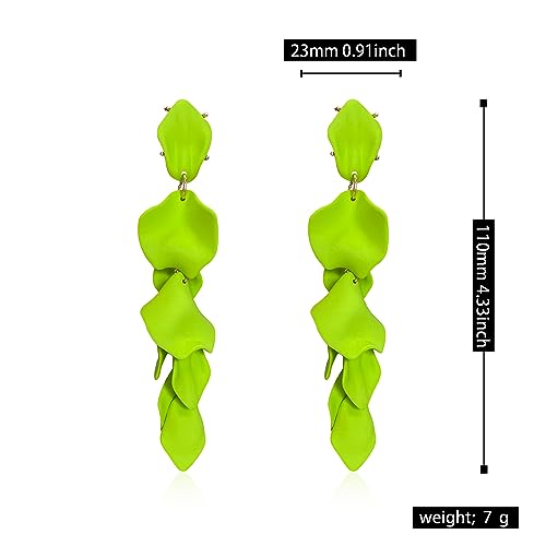 Long Acrylic Rose Petal Earrings Dangle Exaggerated Flower Earrings Drop Statement Floral Tassel Earrings for Women - color: Neon Green
