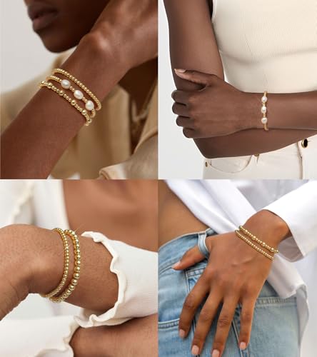 doubgood Gold Bracelets for Women, 5 Piece 14K Gold Plated Bracelet Stack Beaded Ball Jewelry Sets Gifts for Women - color: Style 2-Gold-7.25IN