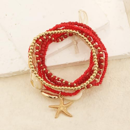 Shell Anklets Bracelet for Women Waterproof Surfer Starfish Bracelet Puka Shell Anklet Colorful Boho Stack Stretch Bead Bracelet Set Hawaii Summer Beach Vacation Foot Jewelry - color: Red