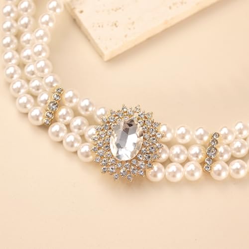 Bethynas Boho Layered Pearl Rhinestones Choker Necklace Vintage Chunky Pearl Crystal Pendant Short Necklace Chain Bridal Prom 1920s Costume Party Jewelry for Women - color: Pearl 8 - white
