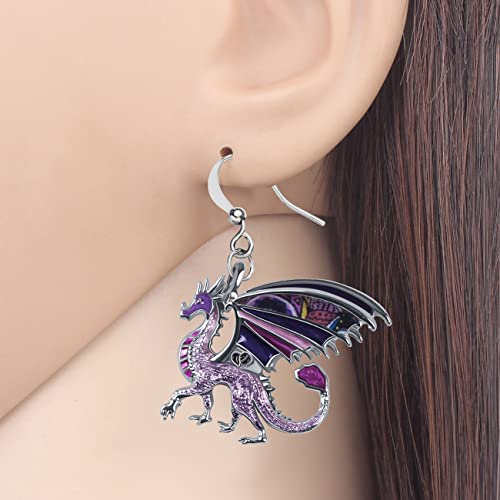 Enamel Alloy Dinosaur Fantasy Dragon Earrings Drop Dangle Unique Animal Jewelry For Women Dragons Gifts - color: Orchid Purple