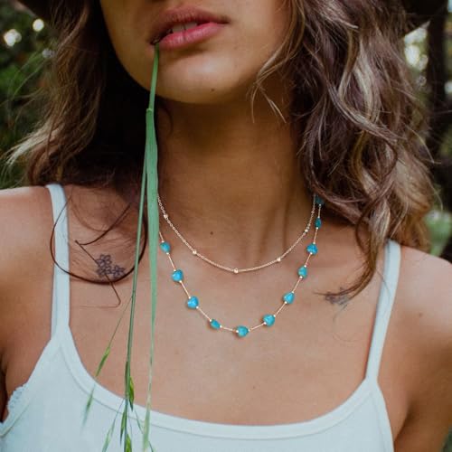 Created Turquoise Necklace for Women 14K Gold Plated Beaded Heart Choker Boho Necklaces Handmade Beach Summer Everyday Western Jewelry Gifts - color: Silver Chain, style: Heart
