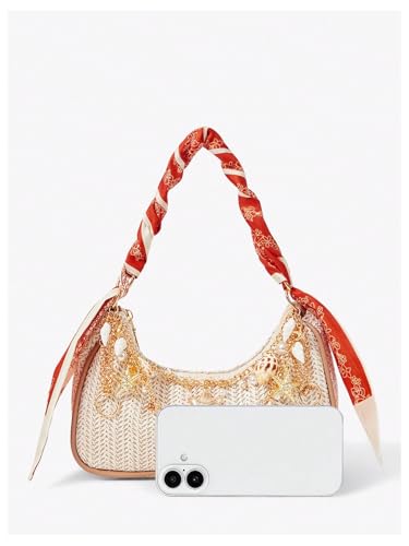 MakeMeChic Women's Straw Beach Purse Seashell Beaded Shoulder Handbags Summer Vacation Bags - color: Multicolor E