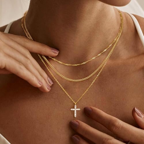 XIXINI Layered Necklaces for Women, Dainty Gold Necklace Stack 14k Gold Plated Layering Beads Choker Pendant Necklace Set Simple Statement Gold Necklaces for Women Trendy Fashion Gold Jewelry Sets - color: 3 cross layered necklaces-Gold