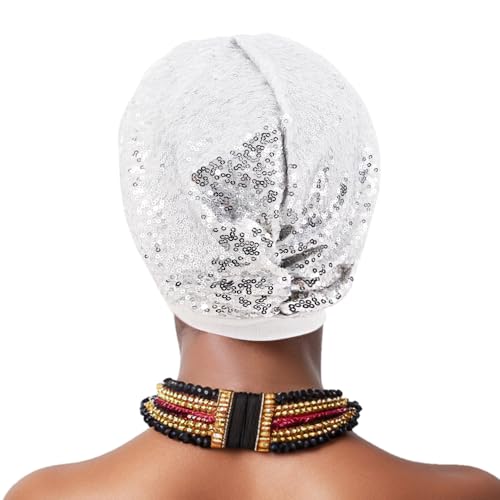 Erinaco Women Sparkle Sequin African Turban Bow Knot Pre-Tied Cap Pleated Ruffle Bonnet Beanie Hat Headwrap Skull Caps - color: Sparkle White