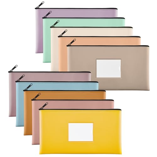 SMARTAKE 10-Pack Bank Deposit Money Bags with Zipper, 10 Colors Leather Bags Wallet Pouches with Label, for Cash, Coins, Cosmetics, Invoice, Bills, Tools, 11.5 x 6.2 Inches (Macaroon Colors) - color: Macaroon Colors