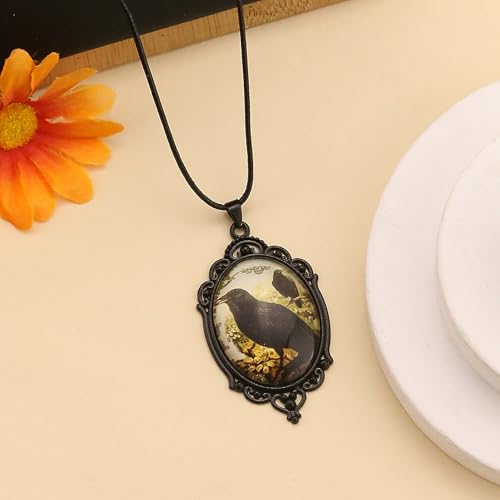Halloween Gothic Witch Necklaces Cross Glass Pendant Necklace for Women Punk Vintage Black Dark Oval Cameo Necklace Witch Emo Necklaces Halloween Jewelry Witch Accessories 2025 - style: Crow