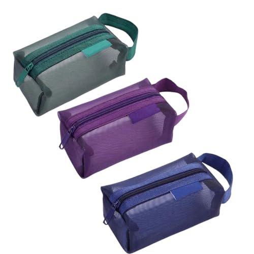 3pcs Portable Square Mesh Storage Bag,Zippered Cosmetic Bag,Small Square Mesh Coin Purse Travel Storage Carry Pouch (Green, Purple, Dark Blue) - color: Green+Purple+Dark Blue