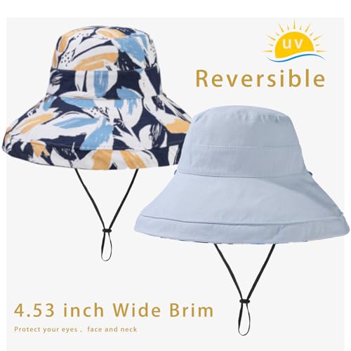 vidsel Womens Sun Hats Wide Brim Reversible Bucket Cotton Hat Packable Summer Travel Cap with Hat Clip,UV Protection - color: Blue2, size: Medium