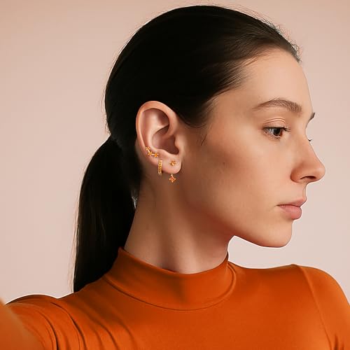 3 Pairs Dainty Small 4th of July Earrings for Women Trendy, Birthstone Stud Huggie Hoop Jacket Stack for Cartilage Helix, Gold Plated Hypoallergenic Cute Women Fashion Accessories Western Jewelry Gifts - color: 07Orange-July (Gold)