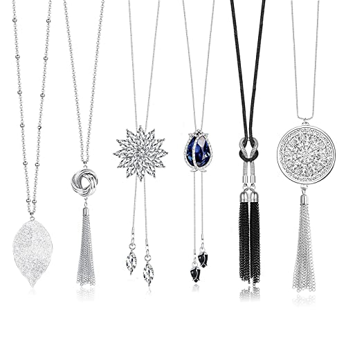 Jstyle 6Pcs Long Pendant Necklaces for Women Long Sweater Necklaces Silver Flower Tassel Disk Circle Leaf Statement Sweater Chain Necklace for Women Y Necklace Set Fashion Jewelry - style: Fashion Style