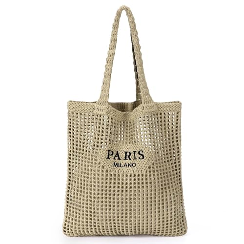 Ayieyill Crochet Tote Bag For Women, Crochet Mesh Beach Tote Bag Summer Vacation Aesthetic Boho Knit Bag for Women - color: G/Khaki