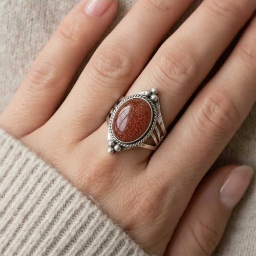 Handmade 925 Sterling Silver Plated Ring Natural Gemstone Carnelian, Rose Quartz, Tiger Eye, Crystal Oval Boho Jewelry For Women - color: Gold Stone