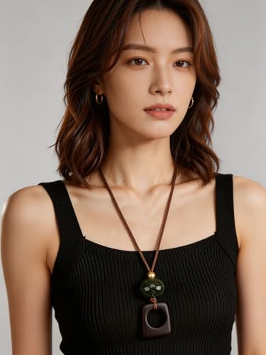 Kelake Leather Necklace for Women Men Teen Vinatge Boho Alloy Pendant Choker Jewelry Fashion Sweater Necklaces with Adjustable Genuine Leather Chain - color: Jade Bead Square Wood Pendant