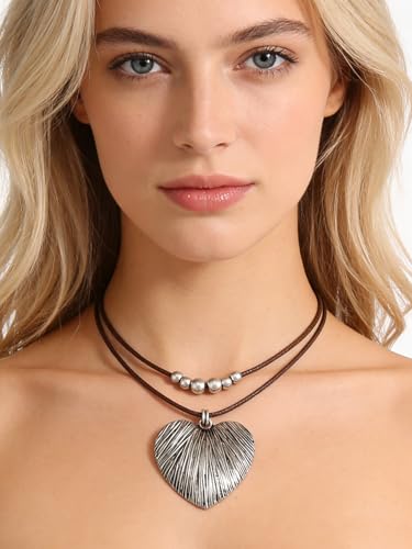GelConnie Boho Necklaces for Women Cowgirl Necklace Stone Leather Cord Pendant Necklaces With Beads Long vintage Layered Choker Necklace - style: Heart Silver Necklace