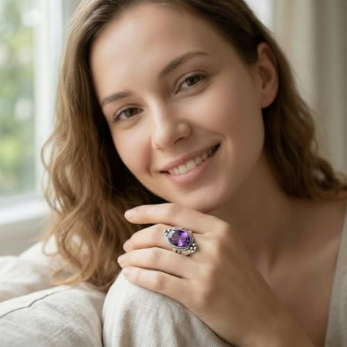 Handmade 925 Sterling Silver Plated Ring Natural Gemstone Carnelian, Rose Quartz, Tiger Eye, Crystal Oval Boho Jewelry For Women - color: Amethyst Quartz