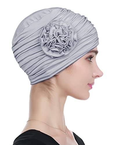 Alnorm Flower Design Chemo Hair Loss Caps Cancer Headwear for Women - color: Light Gray