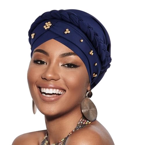 African Women Turban Caps Pre-Tied Twisted Turbans Head Scarf for Women Hair Wraps Cover Beanie Cancer Chemo Headwear - color: 1 Pack Twisted Braid: Gold Bead Navy