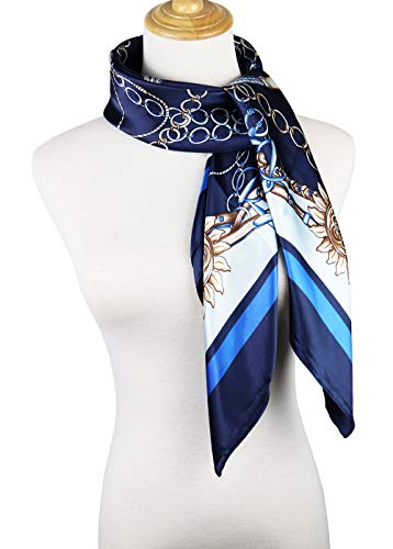vabovin Satin Head Scarf for Women Silk Like Hair Scarf, 35 x 35 in | Silk Feel Fabric, Hair Wrap for Sleeping, Headscarf and Neck Scarf, Square Bandana Style, Fashion Accessory - color: 011 Blue Chain Print