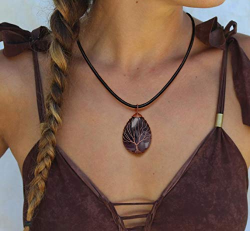 7 Chakra Gemstone Healing Crystals Necklace - Copper Wire Wrapped Natural Unisex Hippie Leather Choker - color: 1. Amethyst