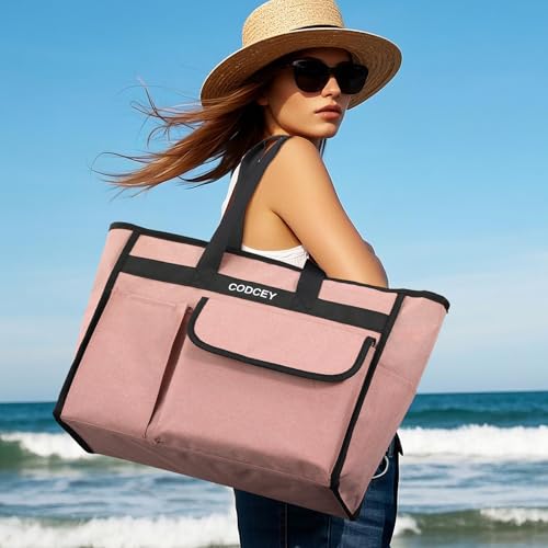 Large Utility Tote Bag with Reinforced Bottom, Waterproof Multi Pockets Beach Tote Bag for Travel, Work, School - color: Pink