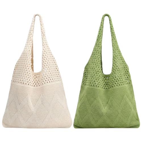 2/4 Pcs Crochet Mesh Beach Tote Bags, Summer Aesthetic Boho Knit Bag for Women Casual Vacation Essentials - color: Beige + Green