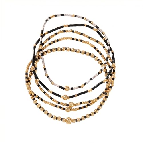 14K Gold Plated Beaded Bracelets Stack Set for Women,Stretch Boho Colorful Beads Ball Jewelry Friendship Summer Trendy - color: Gold Black Beaded