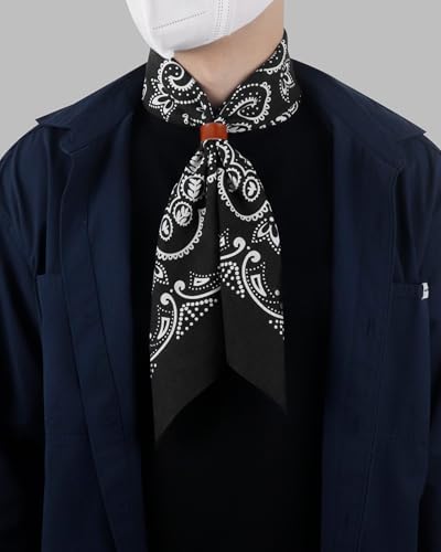 27.5 Inches Western Bandana Scarf With Leather Scarf Buckle, 100% Cotton Neck Scarf for Men Cowboy Scarves - color: Black