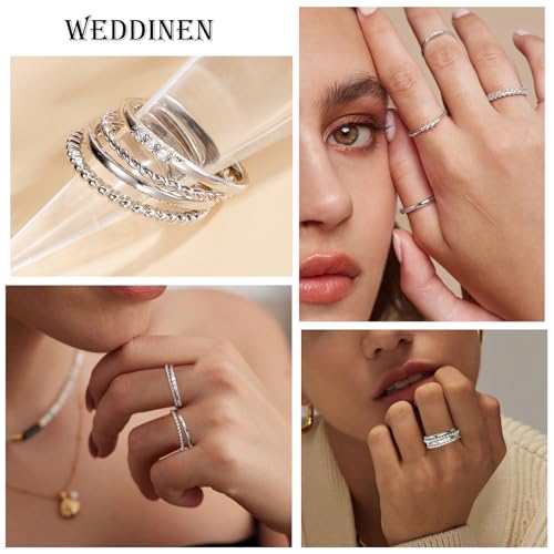 WEDDINEN 4PC Gold Rings for Women, S925 Sterling Silver 14k Gold Filled Plated Stackable Thin Thumb Ring Set Cubic Zirconia Dainty Stack Gold Knuckle Rings Set Size 6-10 - color: Silver, size: 9