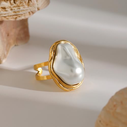 Boho Red Heart Gold Band Rings Pearl Ring, Dainty Adjustable Statement Rings, Open Wrap Stackable Finger Ring Gold Fashion Jewelry Gifts for Women - color: Gold Ring - Pearl