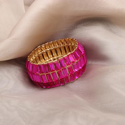 Women’s Wedding Bridal Crystal Leaf Flower Stretch Bangle Elastic Wide Bracelet Jewelry for Brides Bridesmaid - color: Style1-Rose Red-Gold Plated