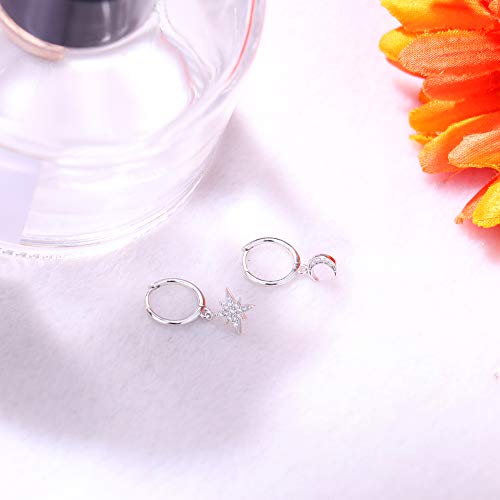 MILACOLATO 925 Sterling Silver Hoop Earrings for Women 18K Gold/Rhodium Plated Drop Dangle Hoop Earrings with Charms Cross Spike Moon Star Paperclip Link Statement Earrings Convertible Link Huggie Earrings Hypoallergenic - color: Silver Tone : Moon Star E