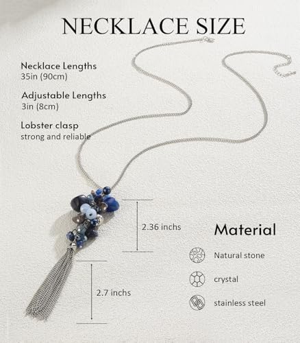 Noessla Boho Long Pendant Necklaces for Women Silver Tassel Long Necklace Sweater Chain Mothers Day Gifts Silver Costume Jewelry for Women - color: Dark Blue