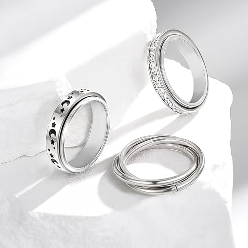 FEYIR 8 Pcs Fidget Rings for Women Anxiety Spinner Stainless Steel CZ Band Ring Spinning Rings Set for Anxiety - color: 8pcs-Silver