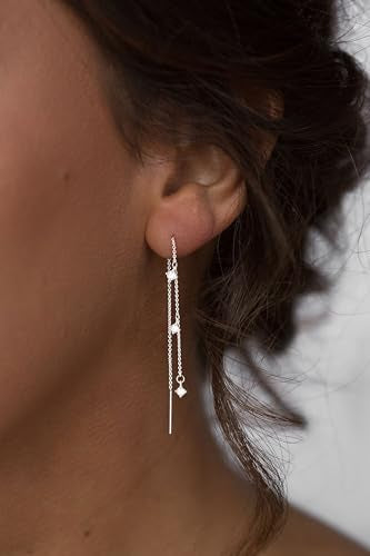 NECOCY Gold Dangle Earrings for Women Non Tarnish 14K Gold Plated Drop Wedding Hypallergenic Earring Dainty Long Hanging Chain CZ Pearl Threader Earrings Trendy Silver Plated Jewelry for Women - style: Silver&Style3