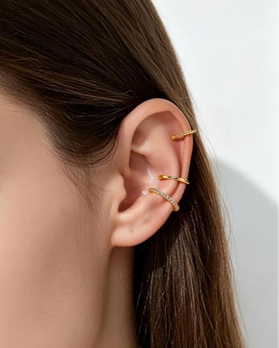 COCHARM 3PCS Ear Cuffs Non Piercing,14K Gold Plated Fake Helix Conch Earrings for Women, Surgical Steel Ear Cuff Cartilage Hoop Earrings