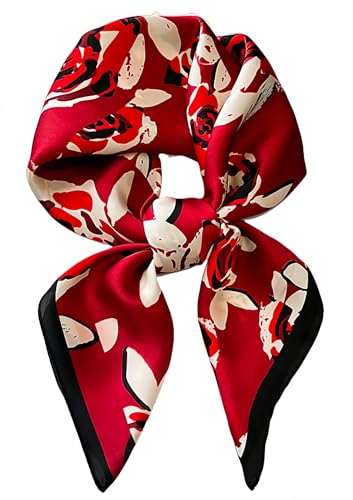 MINIDORA Satin Scarves for Women 27.5 × 27.5 inches Medium Square Elegant Silk Feeling Head Scarf - color: D005- Black and Red