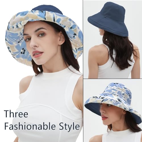 vidsel Womens Sun Hats Wide Brim Reversible Bucket Cotton Hat Packable Summer Travel Cap with Hat Clip,UV Protection - color: Navy Blue, size: Medium
