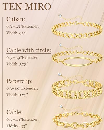 TEN MIRO 16k Chunky Gold Plated Bracelets for Women Non Tarnish, Womens Gold Plated Bracelets Stack Layered Chunky Chain Bracelets Waterproof Bangle Cuff Bracelet Mothers' Day Jewelry Gifts