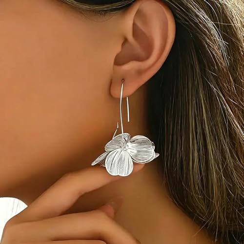 Gold Flower Statement Earrings for Women Boho Trendy Hoop Earrings Floral Dangle Petal Earring Prom Wedding Jewelry Gifts - color: B2:silver