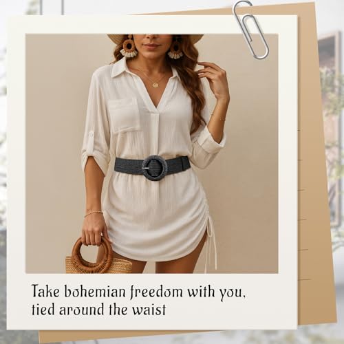 Straw Woven Elastic Belt for Women, Boho Braided Raffia Waist Belt, Stretch Rattan Belt for Summer Dresses - color: Round Buckle-black, size: M: Fit waist size up to 35"