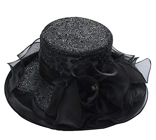 ORIDOOR Women’s Organza Church Tea Party Wedding Fascinator Derby Hat Wide Brim Sun Hats - color: A-black