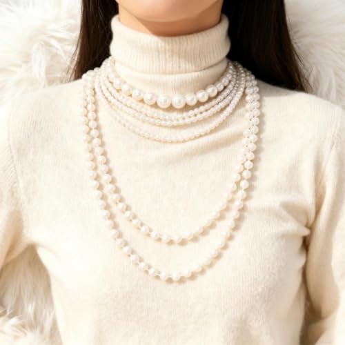 Layered Pearl Necklaces for Women Big Pearl Long Chain Necklace Dainty Faux Pearl Necklaces Statement Sweater Strand Chain Jewelry - style: SetA