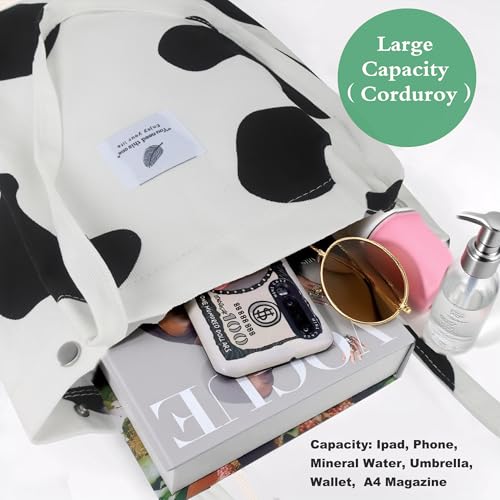 Corduroy Tote Bag for Women Small Canvas Shoulder Purse Cord Handy Bag with Inner Pocket | with Front Pocket - color: 03 Cow